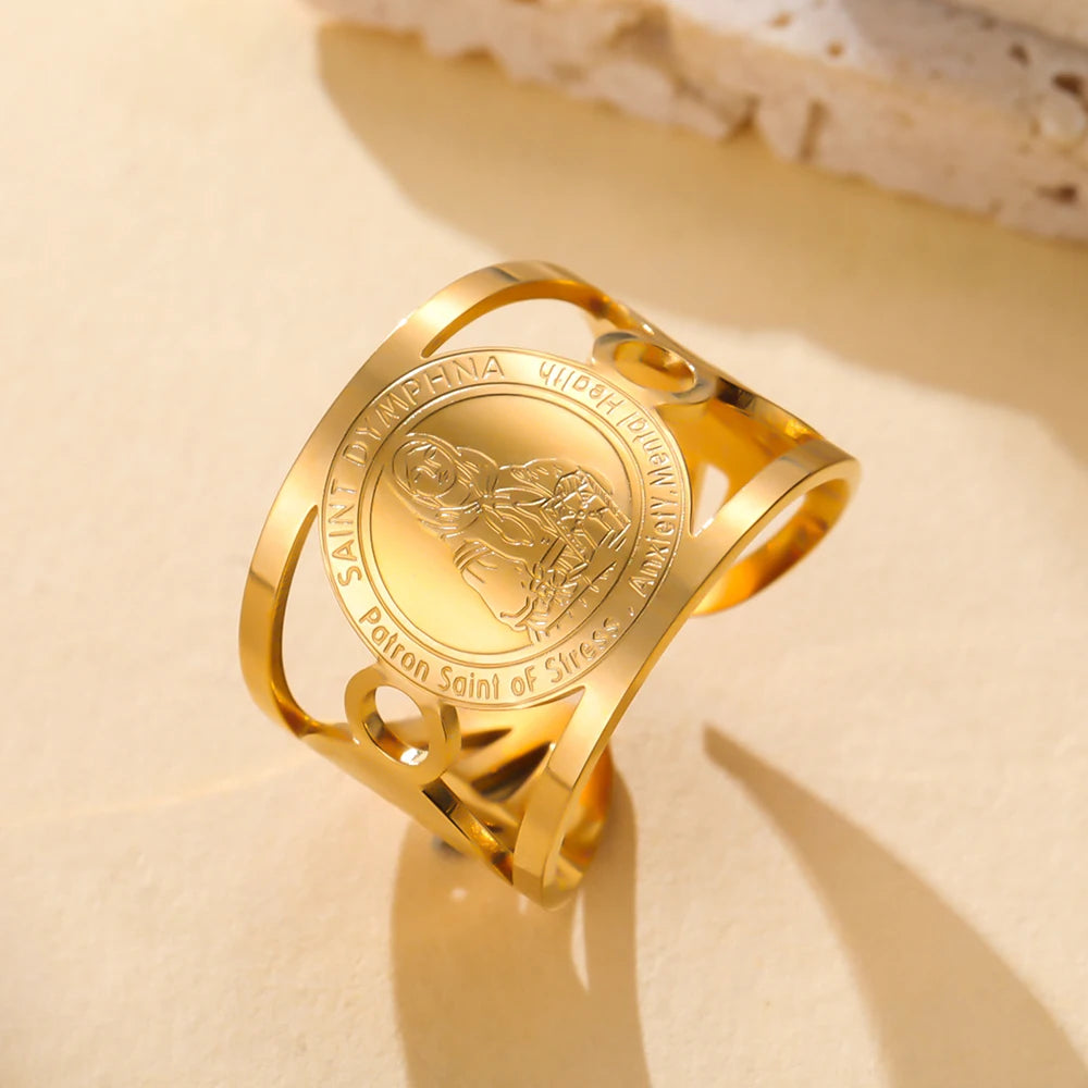 Dawapara Saint Dymphna Women Ring Adjustable Religious Protector Ring Prayer Blessing Stainless Steel Jewelry Christmas Gift