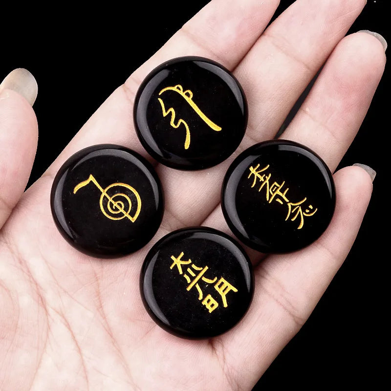 4Pcs Natural Lapis Lazuli Stones Engraved Chakra Symbols Polished Palm Stones for Reiki Crystal Healing Balancing