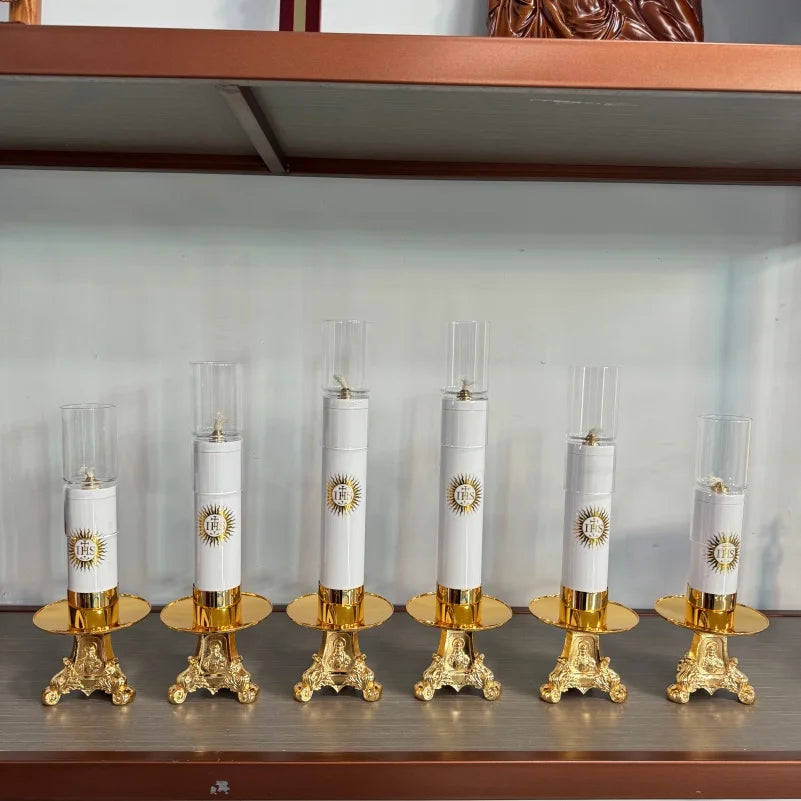 Catholic Oil Lamp Candle Stick With Windshield And Base With Gold Gilded Religious Symbol For Home Altar Church Supplies