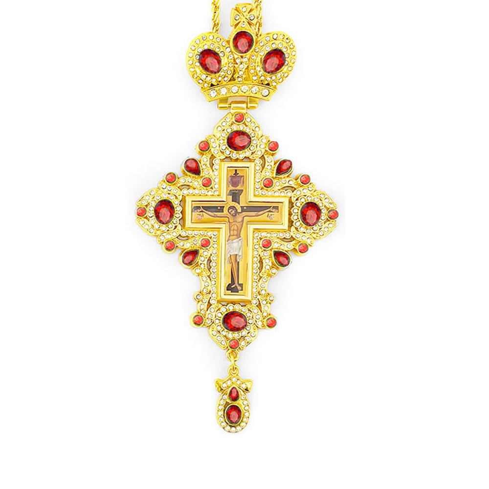 Gold Plated Catholic Orthodox Pectoral Cross with Red Green Gems and Jesus Icon Enamel for Clergy Church Liturgy Devotion Gift