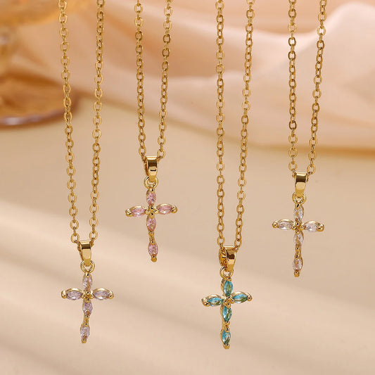 Colorful Shiny Cubic Zirconia Cross Pendant Necklaces for Women Gold Color Delicate Fashion Collar Jewelry Gift