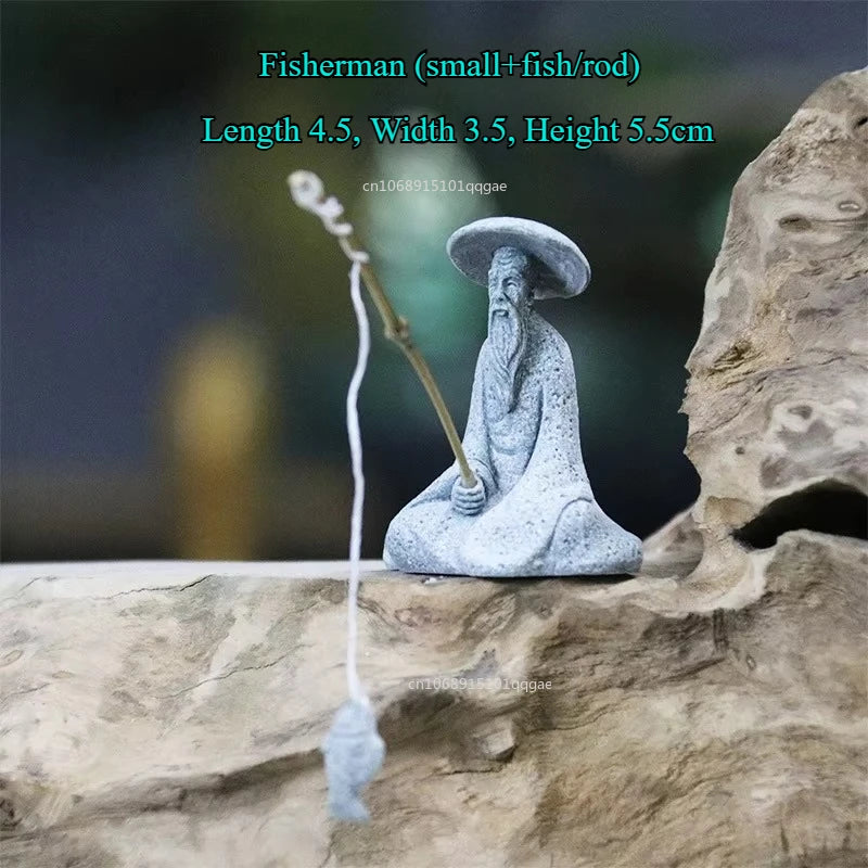 Fish Tank Garden Sitting Fishing Sandstone Vintage Ornament Aquarium Mini Fisherman Statue Asian Zen Decoration  Home Decor