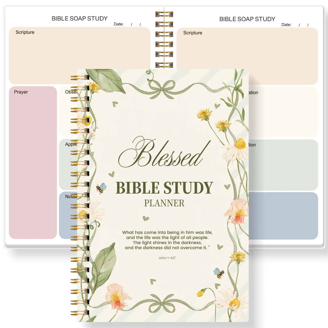 A5 SOAP Bible Study Planner Spiral Notebook for Women, Christian Prayer Journal with Scripture Observation Application Pages