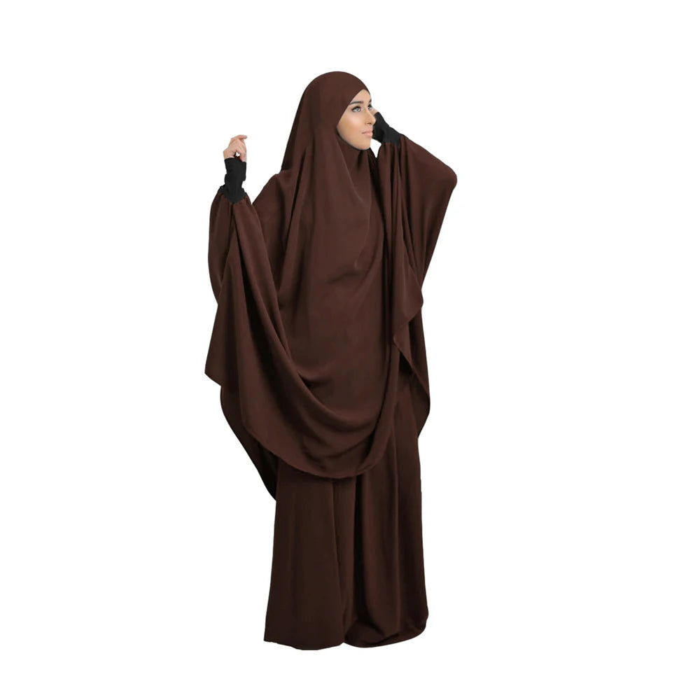 2 Piece Ramadan Khimar Muslim Women Prayer Set Dress Full Cover Islamic Burka Hooded Arab Gowns Umrah Eid Abaya Worship Service