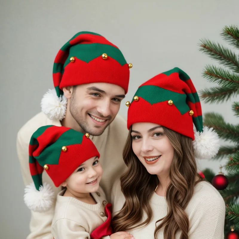 Christmas Knitted Wool Hat For Mother And Kids Red Color-Block Design, With Bells, Festive Christmas Hat For Winter