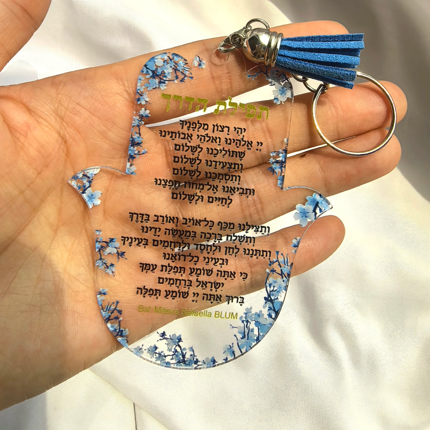 Pink 10pcs Prayer of the Way Hebrew Transparent Souvenir Pendant with Tassel & String Hamsa Custom Bar Mitzvah Gift Thanksgiving