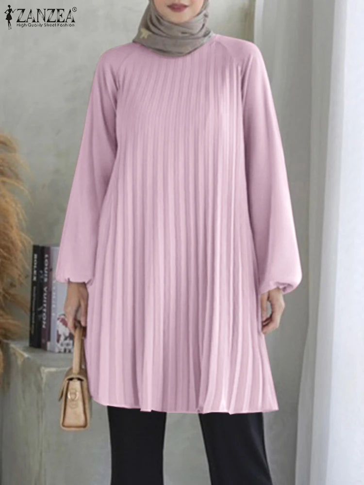 ZANZEA O Neck Islamic Hijab Abaya Blusas Solid Raglan Sleeves Casual 2024 Fall Long Tops Women Pleated Muslim Fashion Blouses