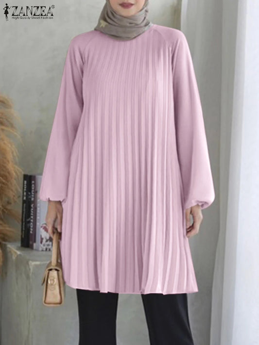 ZANZEA O Neck Islamic Hijab Abaya Blusas Solid Raglan Sleeves Casual 2024 Fall Long Tops Women Pleated Muslim Fashion Blouses