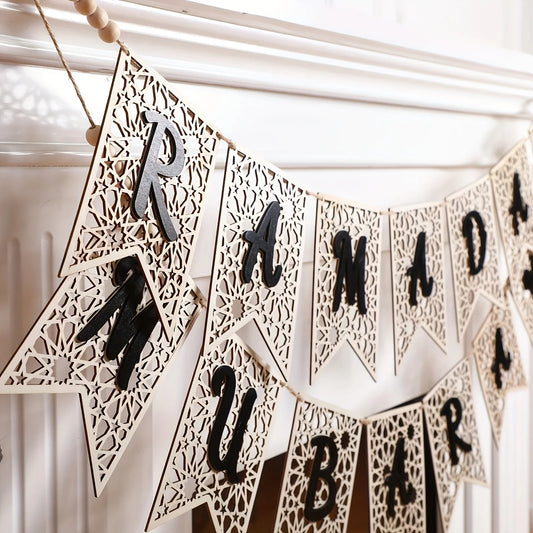 2pcs Eid Mubarak Banner Wooden Ramadan Mubarak Decoration Easy Beads Ramadan Decoration Banner Muslim Party Decoration Supplies