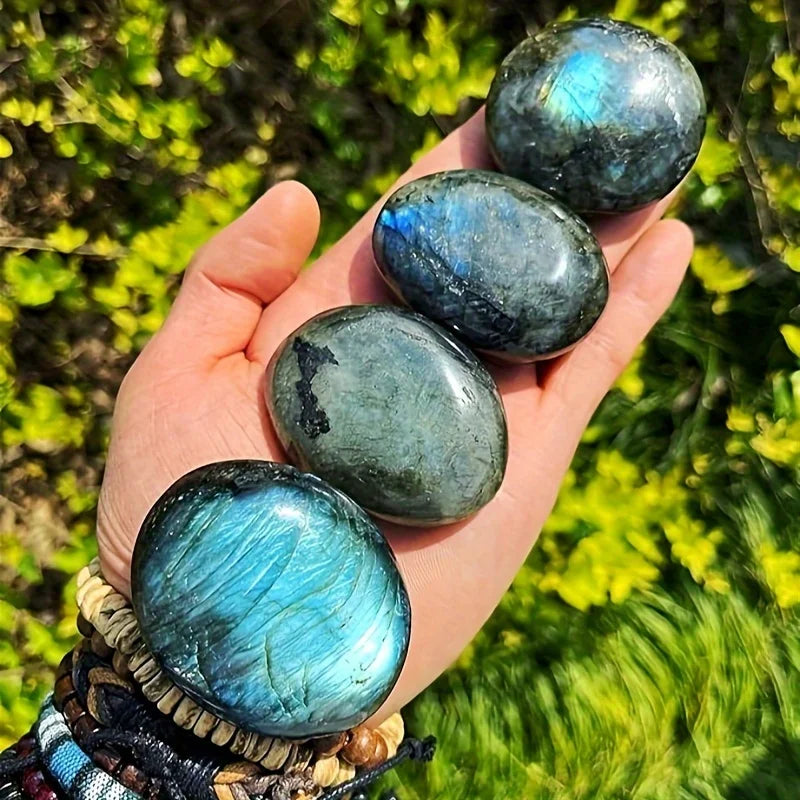 1pc natural labradorite palm stone - hand-polished oval massage and worry stone, iridescent blue hue