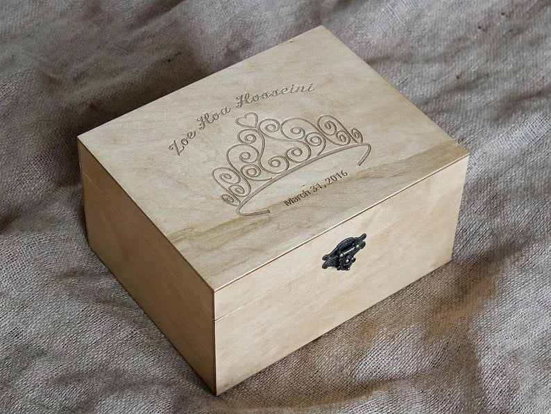 Personalized Wooden Baptism Keepsake Box ,Baptism Gifts For Baby Girl Or Baby Boy, Engraved Memory Box That Pattern With Wreath