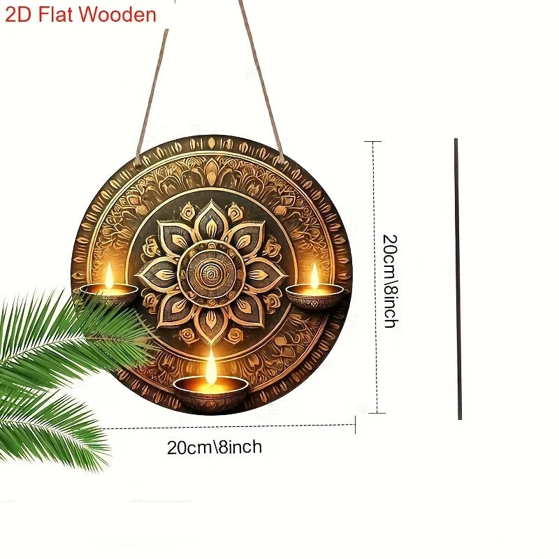 2D Flat One Piece Wooden Traditional Oil Lamp And Artistic Painted Design Happy Diwali Round Sign for Decorating Home Bedroom Li