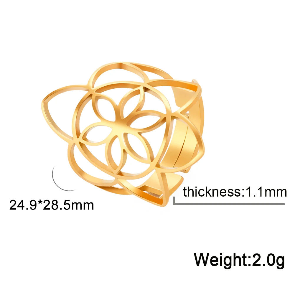 Unift Sacred Geometry Flower of Life Ring Adjustable Stainless Steel Ring Men Women Accessories Vintage Filigree Jewelry Gifts