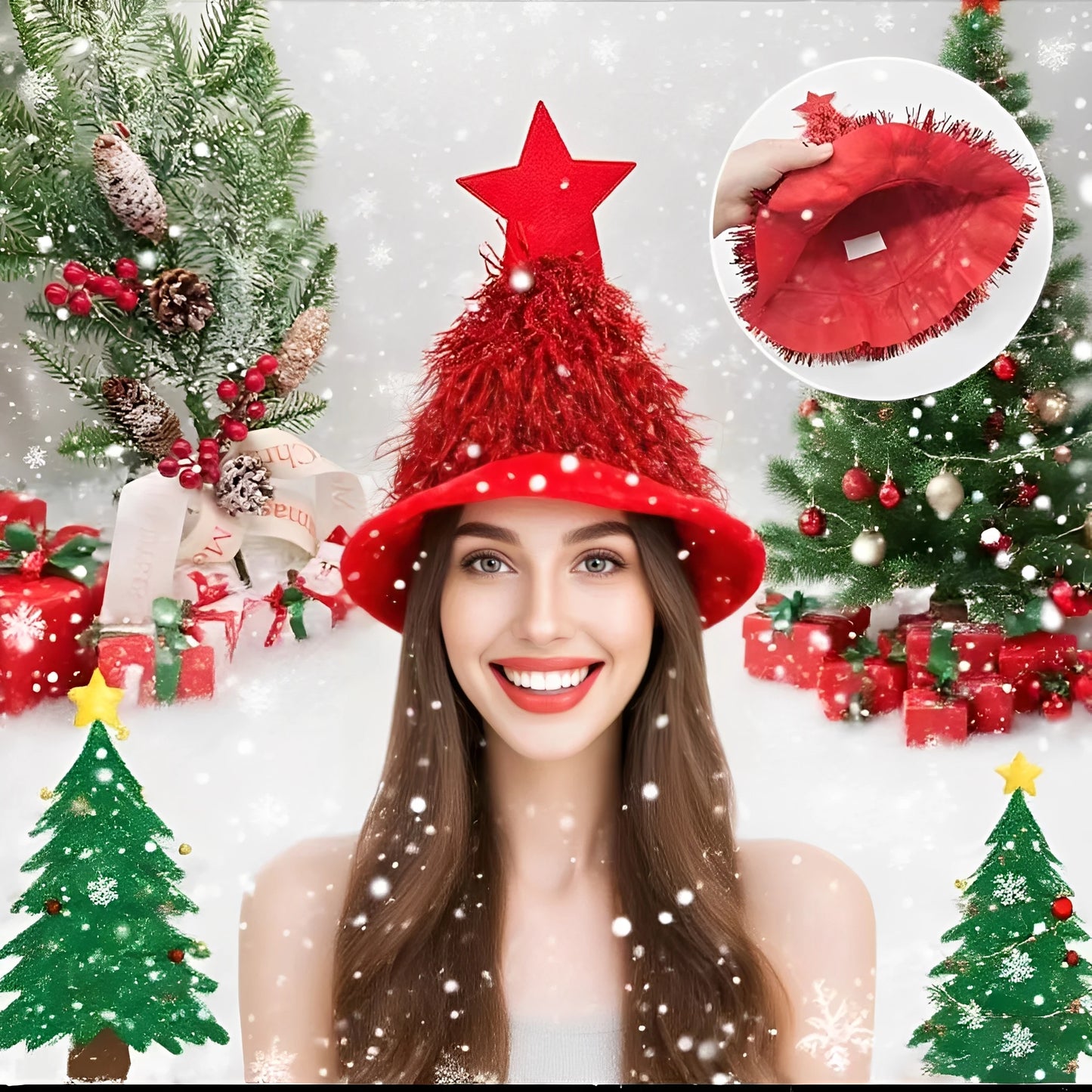 Christmas Tree Hats Fabric Rain Silk Hat for Adults Kids Funny Santa Hat with Tinsel Xmas Holiday Party Costume New Year Decor