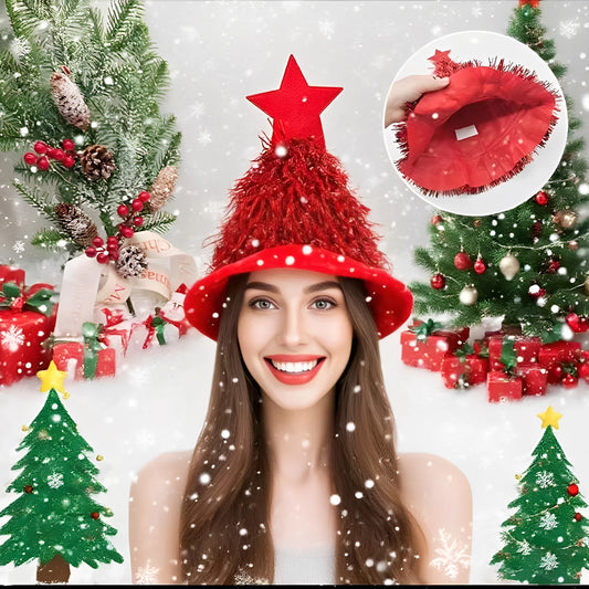 Christmas Tree Hats Fabric Rain Silk Hat for Adults Kids Funny Santa Hat with Tinsel Xmas Holiday Party Costume New Year Decor
