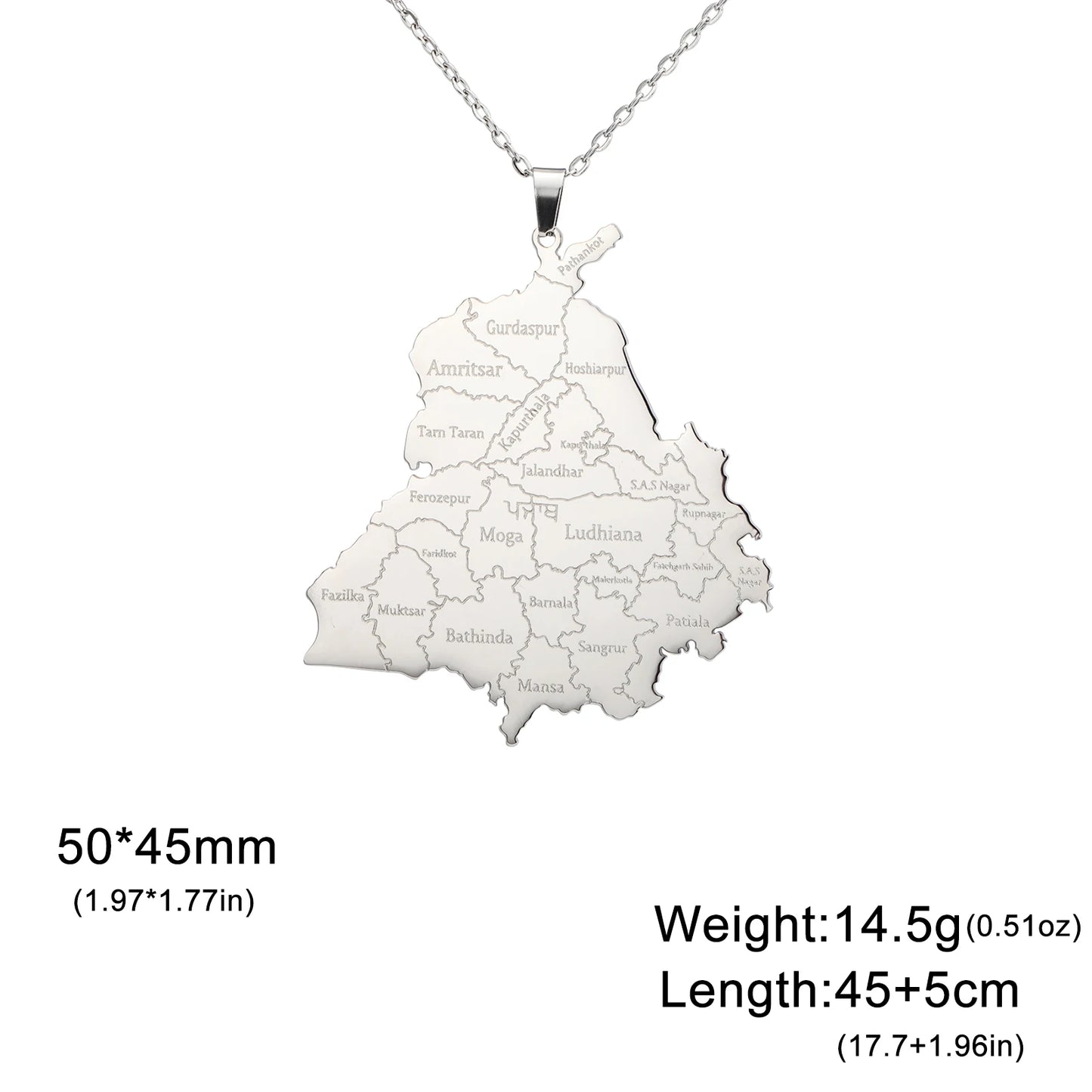 Punjab Map Pendant Stainless Steel Necklace for Men And Women Fashion National Map Travel Souvenir Gift Jewelry Gift