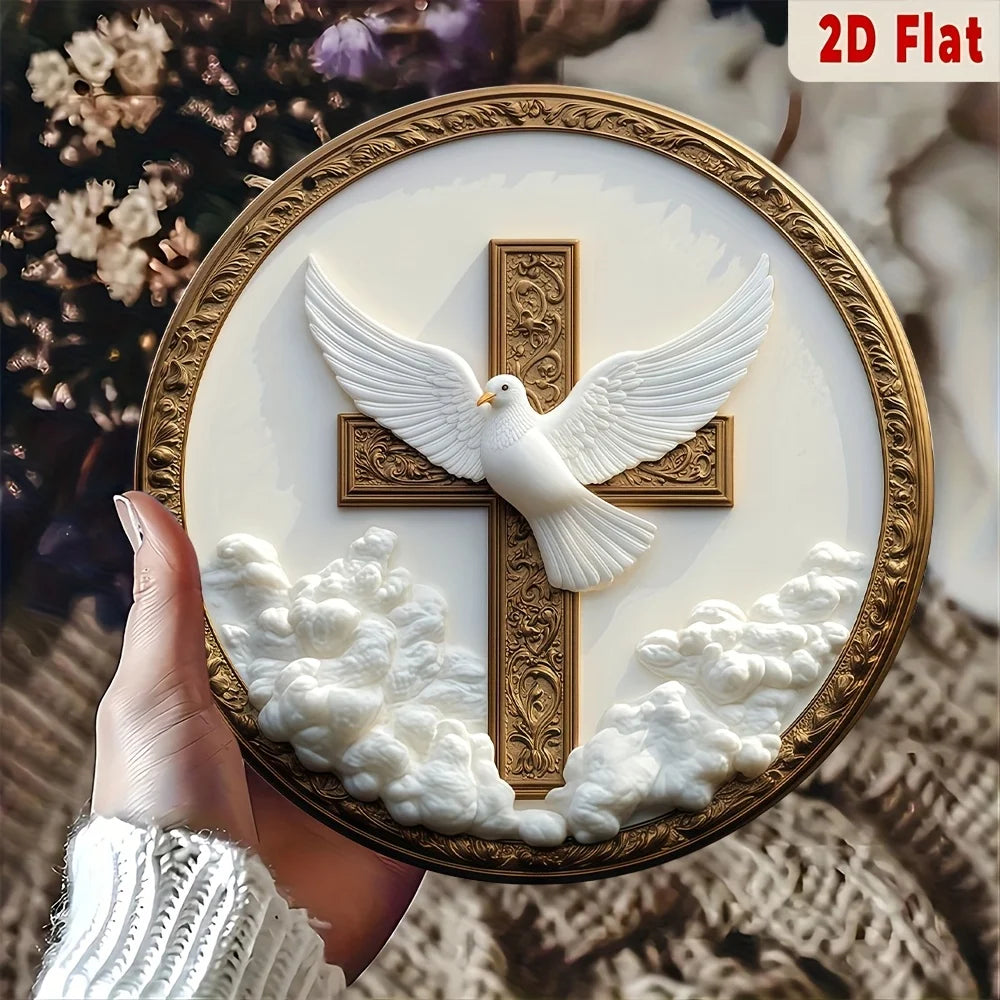 Christian Metal Wall Art 8 Inch Round Spiritual Dove Cross Plaque Religious Home Decor Gold Church Gift with Hanging Hardware