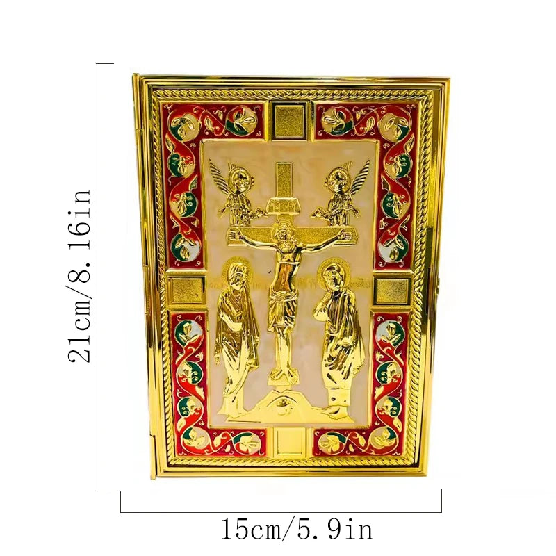 Vintage Gold Plated Orthodox Bible Cover with Enamel Holy Icons for Church Liturgy Home Altar Prayer Devotion Christian Gift Dec