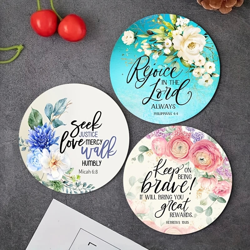 6 pcs 2D 4in Wooden Coasters Bible Verses and Floral Patterns Theme Desktop Insulation Mats Home Decor Coffee Mug Coasters