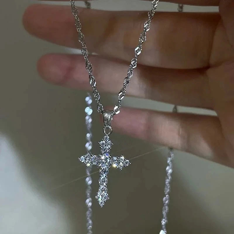 Zircon Cross Pendant Necklace, Silver Thin Chain for Women, Punk Style Party Birthday Jewelry Gift