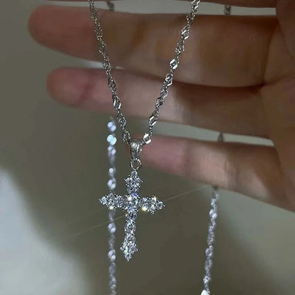 Zircon Cross Pendant Necklace, Silver Thin Chain for Women, Punk Style Party Birthday Jewelry Gift