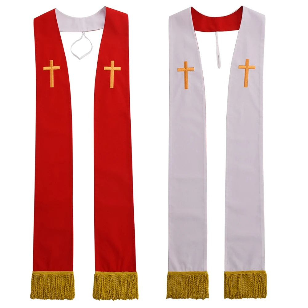 Clergy Stole Church Overlay Double Sided Cross Gold Tassels Scarf for Priest Choir