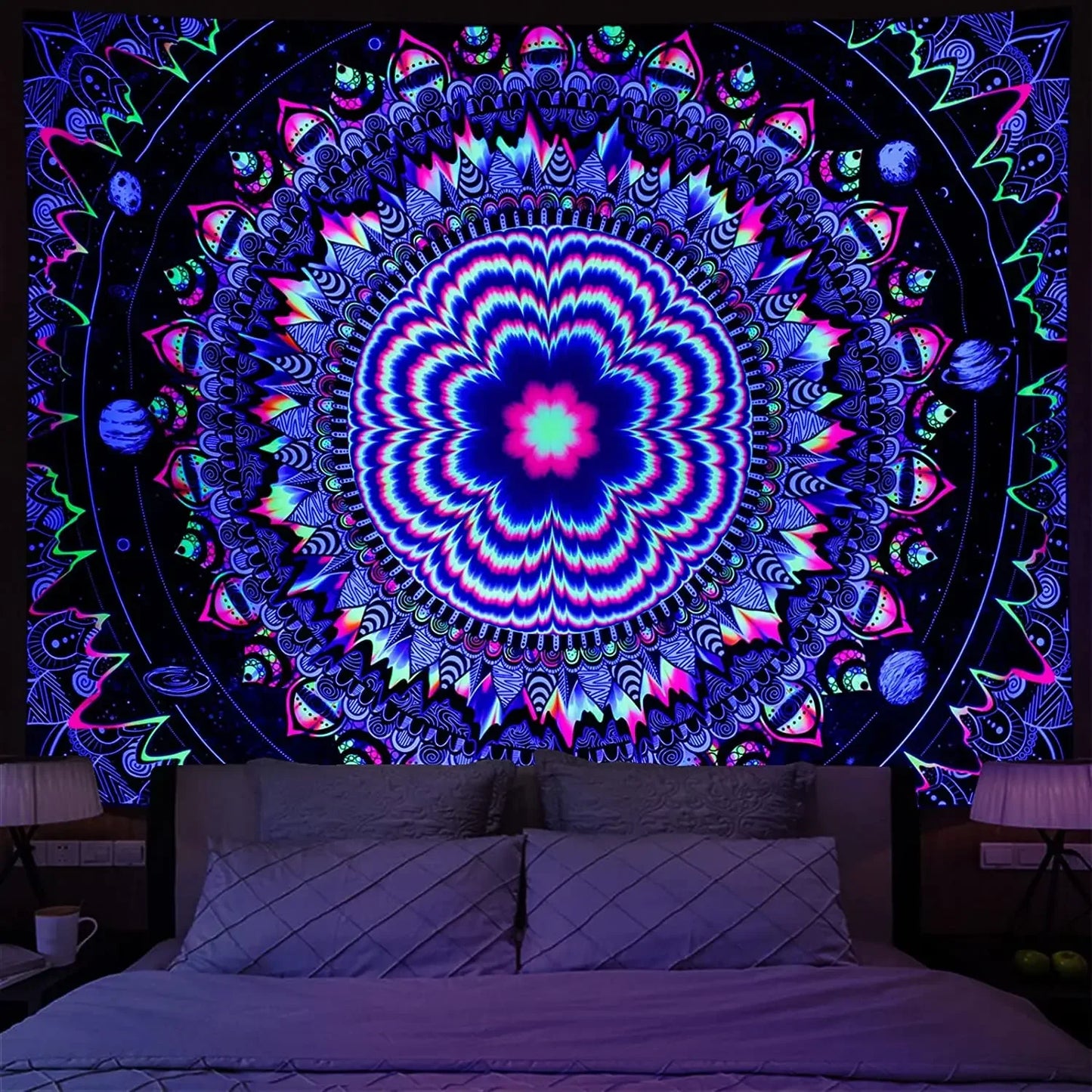 VIKAMA Neon Illusion Hamsa Hand Tapestry Cosmic Nebula All Seeing Eye Meditation Room Bohemian Bedroom Home Decor Tapestry