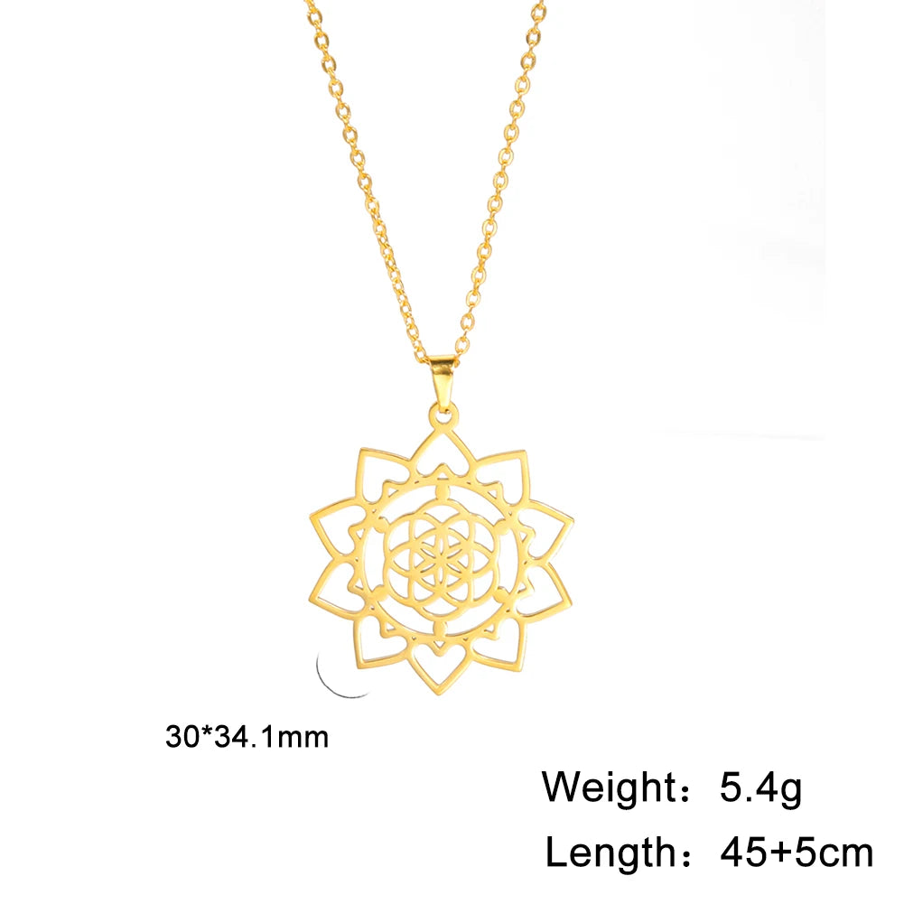 Flower of Life Sacred Geometry Necklace Stainless Steel Mandala Neck Chain Women Men Vintage Universal Spiritual Jewelry