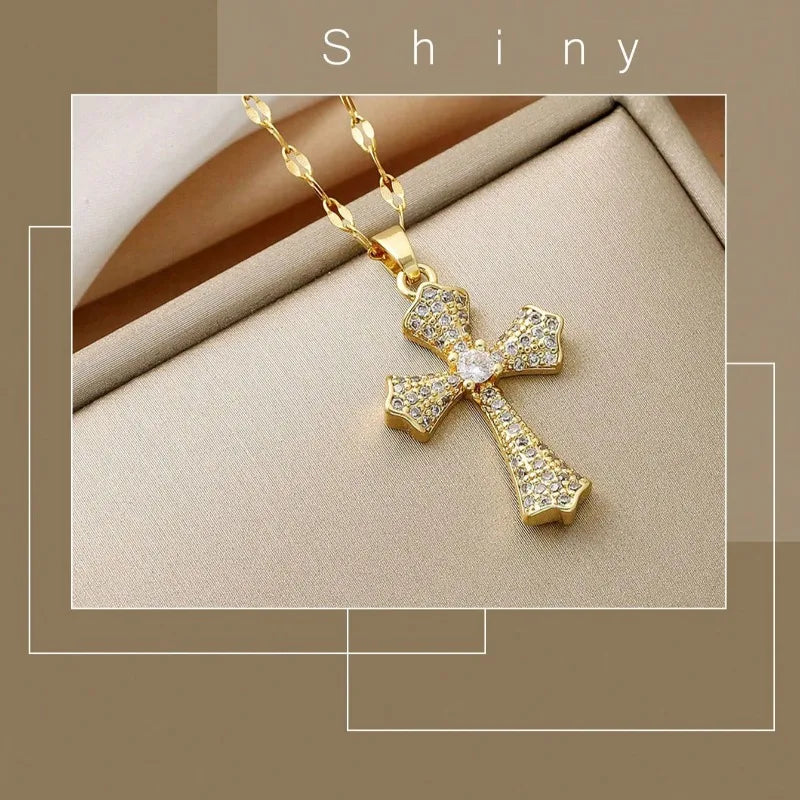 1pc Luxury Copper Zirconia Cross Pendant Necklace For Women Zircon Inlaid Jewelry Gold Color Long Clavicle Chain Necklaces