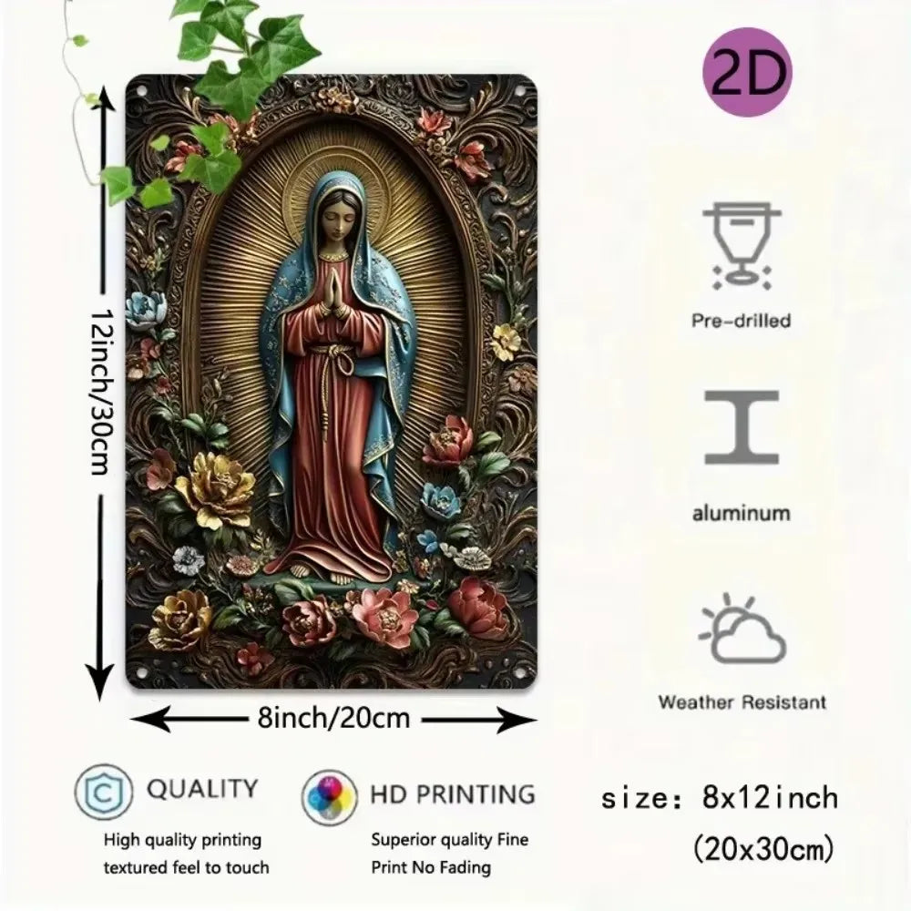 1pc 8x12" Vintage Aluminum Wall Art - Guadalupe Virgin Mary Retro Spanish Plaque, Golden Halo & Stars, Bohemian Style for Home