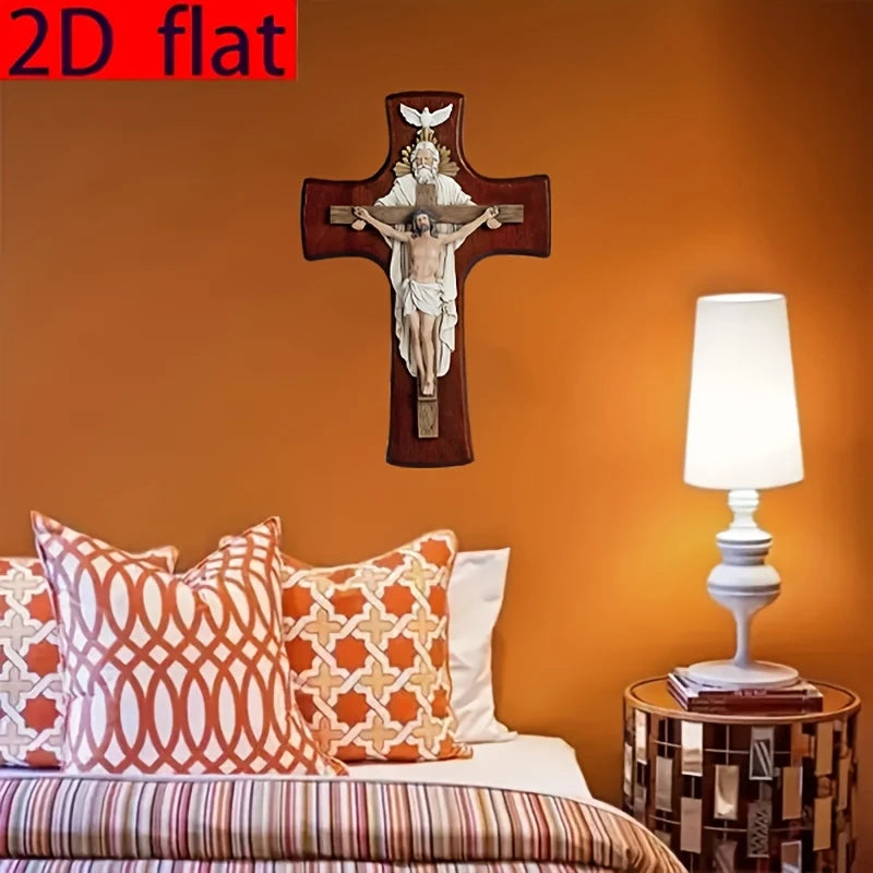 12in BC Catholic Trinitarian Wooden Cross 2D Plane Wall Hanging Christ Inspiring Home Decoration Devout Gift Religious Pendant