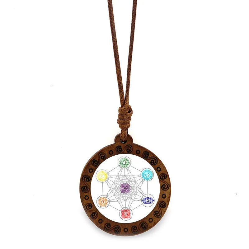 Vintage Archangel Metatron Cube Wooden Necklace Sacred Geometry Hexagram Sri Yantra Amulet Jewelry