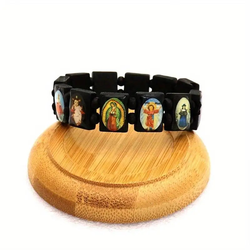 Wooden Rosary Bracelet - Elegant Religious Icon Stickers, Drip Oil Finish, Spiritual Beaded Prayer Jewelry For Devotional Wear_