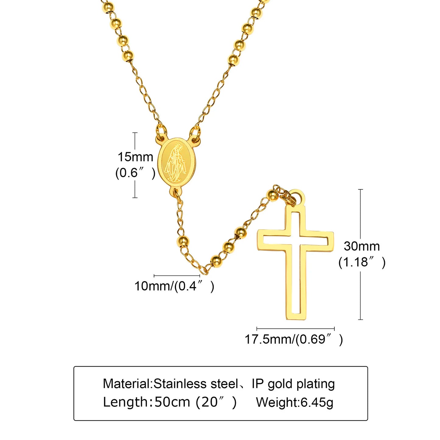 Women Cross Rosary Necklace, Maria with Cross Pendant, Black Gold Color Stainless Steel Christ Jesus Prayer Church Jewelry