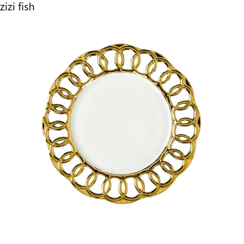 Gold Plated Hollow Out Ceramic Plate Steak Plate Dessert Snack Plate Fruit Salad Plates Service Plates Restaurant Tableware
