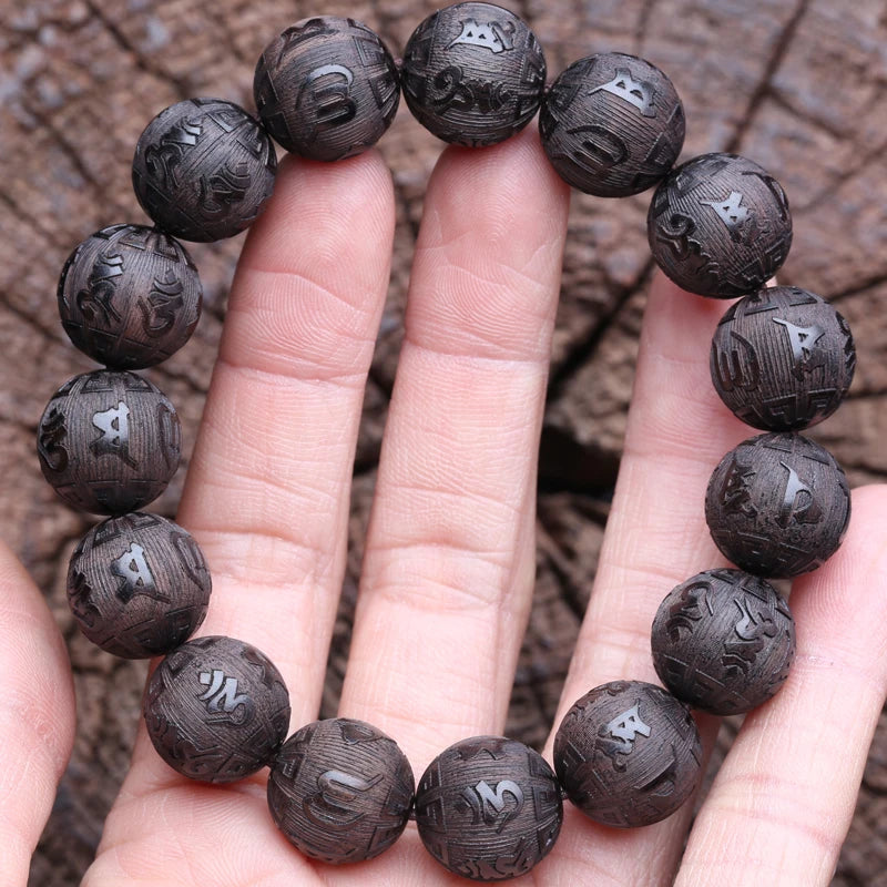 Authentic Natural Ebony Tibetan Six-Character Mantra Tibetan Prayer Wheel Bracelet 15mm Unisex Bracelet