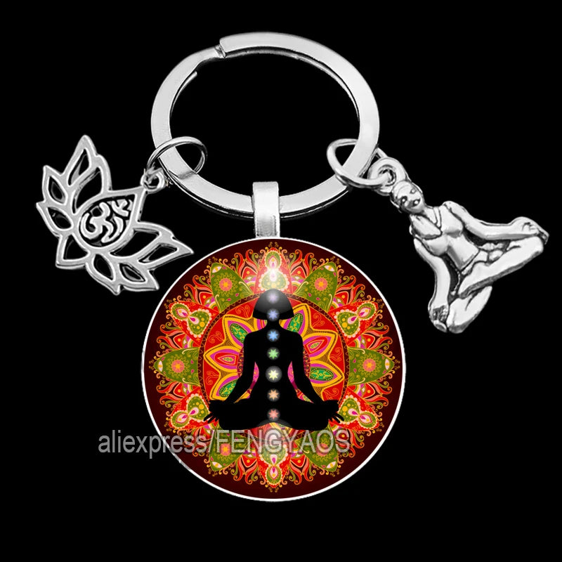 2023 Indian Buddha Meditation 7 Chakra Mandala Key Holder for Keys Psychedelic Yoga Keychain Ornament