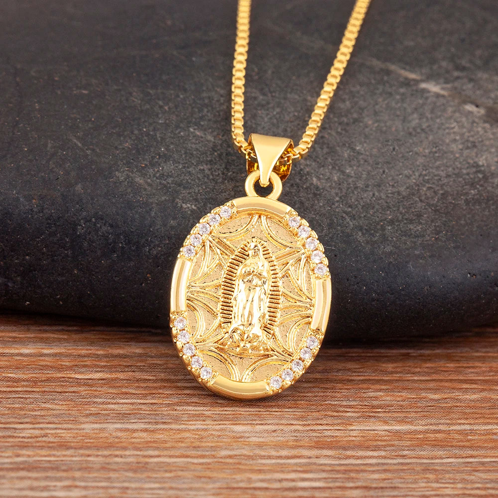 Nidin New Retro Oval/Round Shape Religious Style Zircon Flip Pendant Necklace For Female Male Lovers Photos Jewelry Accessories