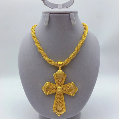 Dubai Gold Color Cross Pendant Jewelry for Women Man African Twisted Chain Wedding Party Ethiopian Eritrea Gift