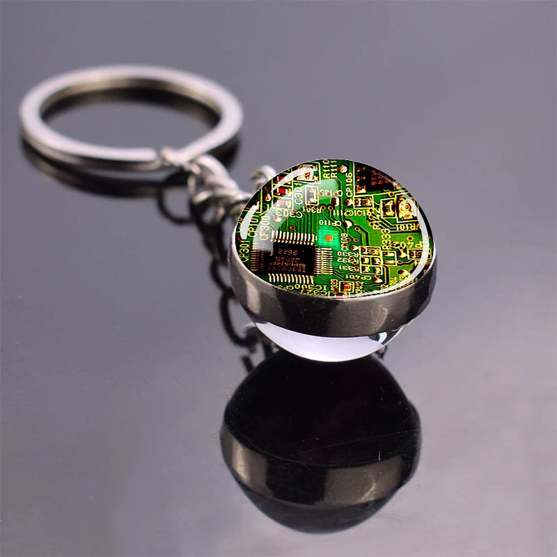 Circuit Board Pattern Keychains Double Sided Glass Ball Pendant Key Chains Computer Geek Keyring Creative Fashion Jewelry Gifts
