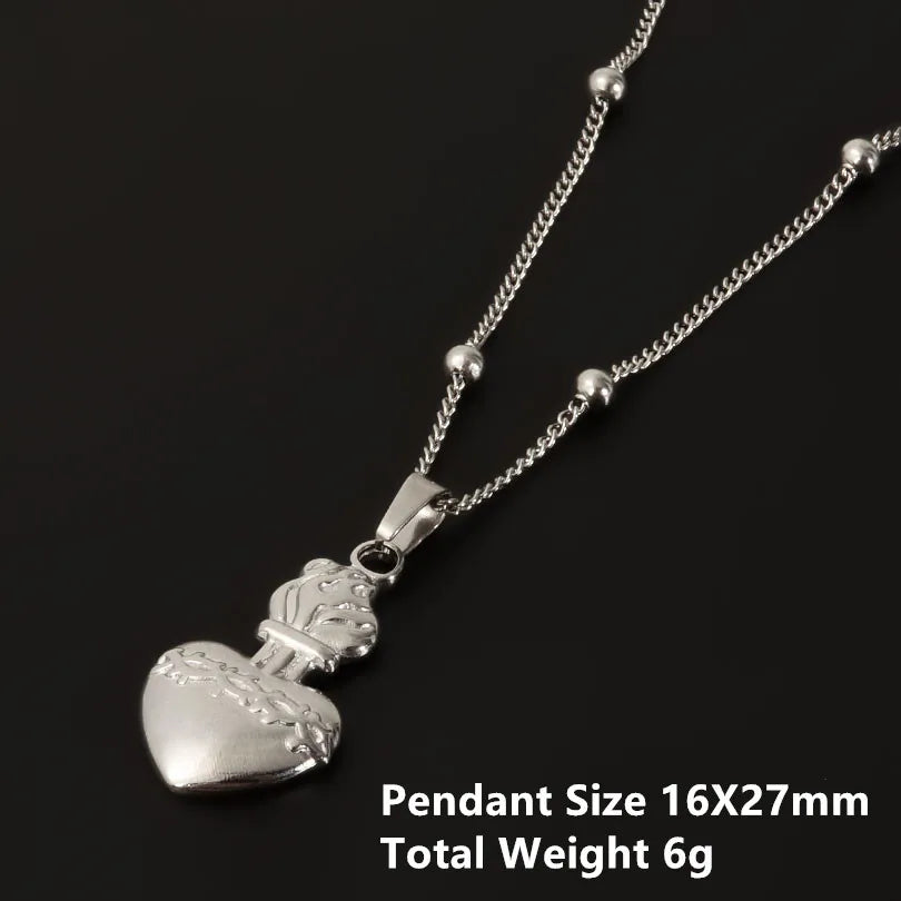 1Pc Religious Christian Catholic Sacred Heart Pendant Necklaces Stanless Steel Gothic Moth Textured Love Collares Jewelry