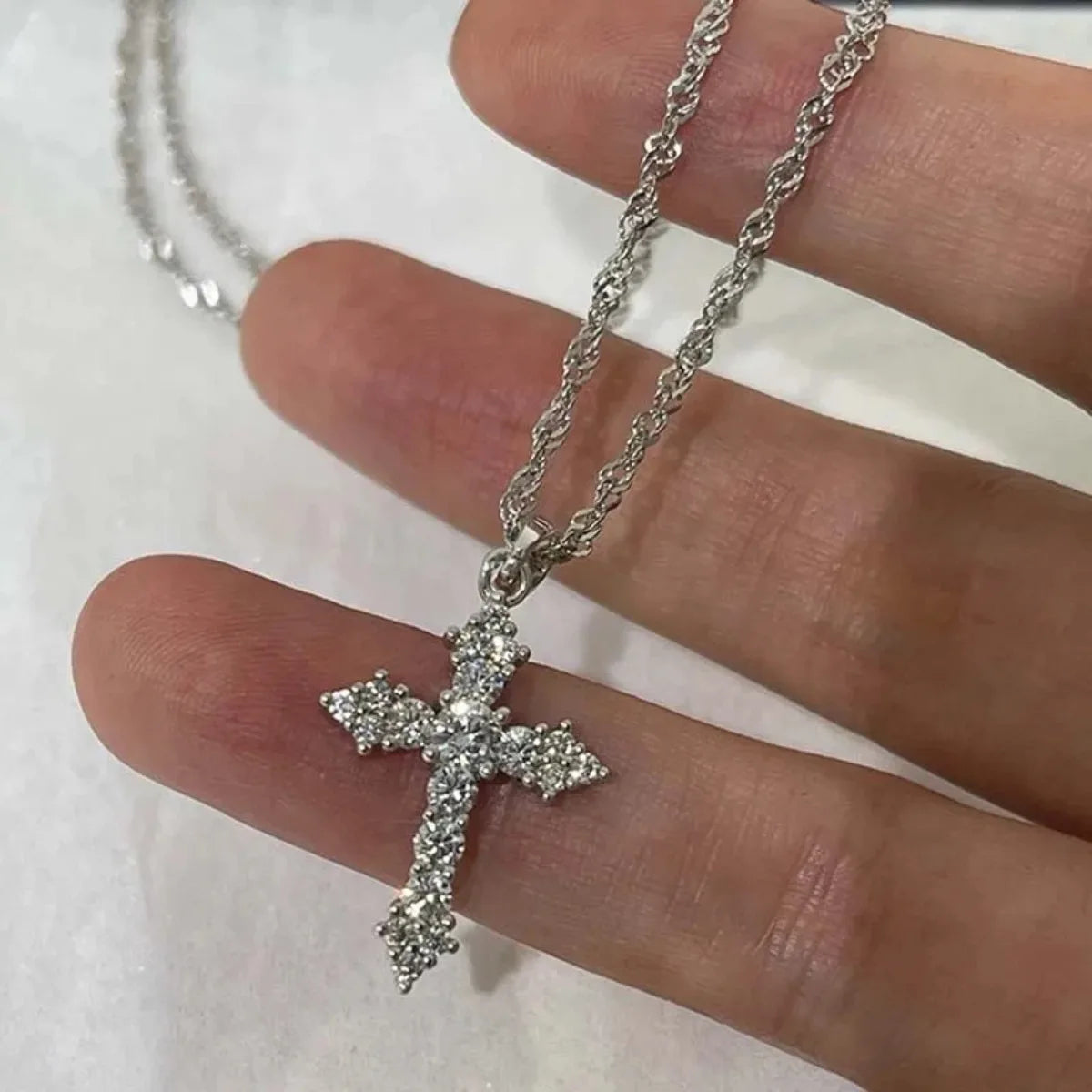 Zircon Cross Pendant Necklace, Silver Thin Chain for Women, Punk Style Party Birthday Jewelry Gift