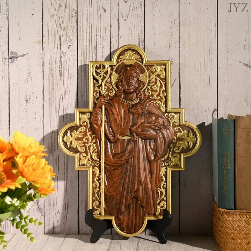 High Quality Wood Carving Jesus Shepherd Icon Sculpture Plaque Catholic Home Living Wall Decor