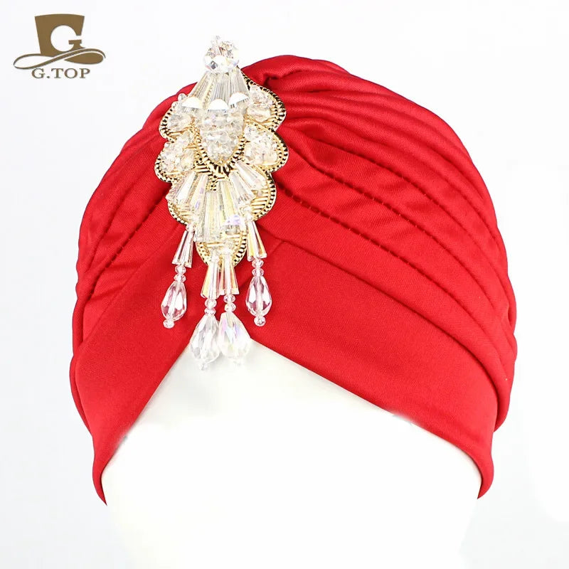 NEW Luxury Divas Stretchable turban Head wrap hat with beaded pendant women Headwear