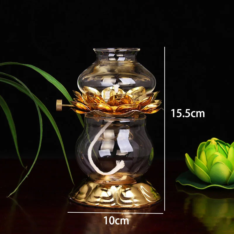 Golden Oil Lamp For Buddhist With Glass Windproof Cover Religious Items Home Alter Prayer Buddha Decoration
