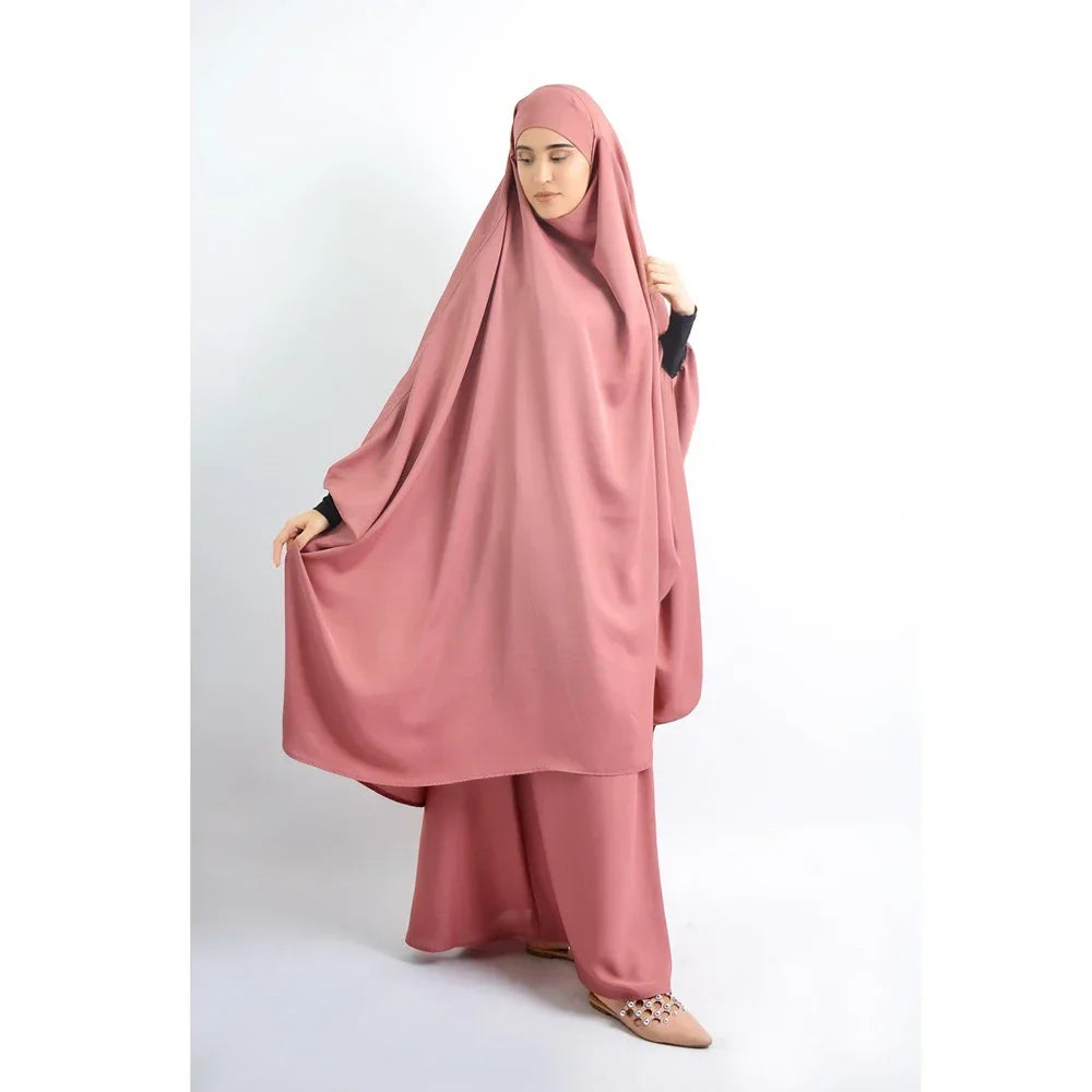 2 Piece Ramadan Khimar Muslim Women Prayer Set Dress Full Cover Islamic Burka Hooded Arab Gowns Umrah Eid Abaya Worship Service