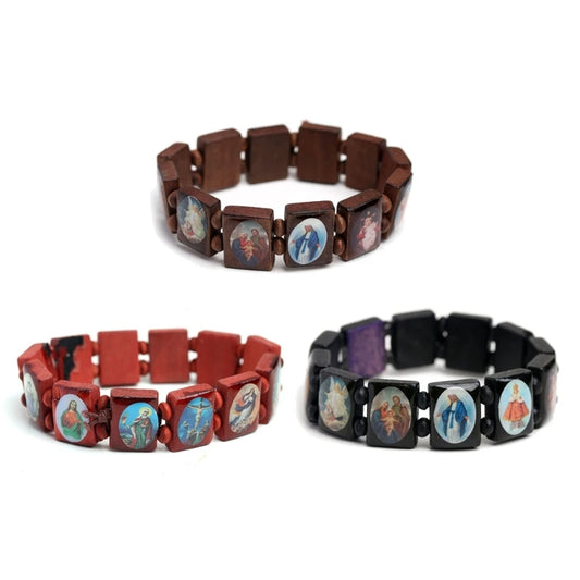 U6XE Wooden Rosary Jesus Bracelet Elastic Coloured Beads Catholic Bangle Religious Saint Holy Gods Devotion Bracelet