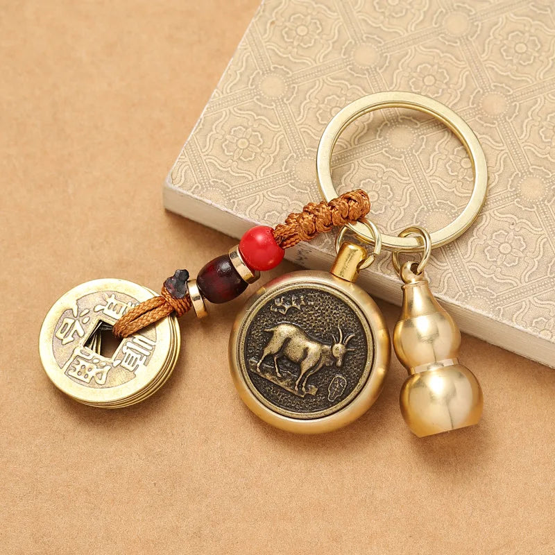 Brass Five Emperors Money Twelve Zodiac Key Chain Turnaround keyChain For Gfit Car Accessories Popular  In Scenic Spots