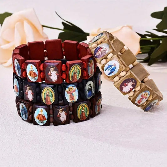 Wooden Rosary Bracelet - Elegant Religious Icon Stickers, Drip Oil Finish, Spiritual Beaded Prayer Jewelry For Devotional Wear_