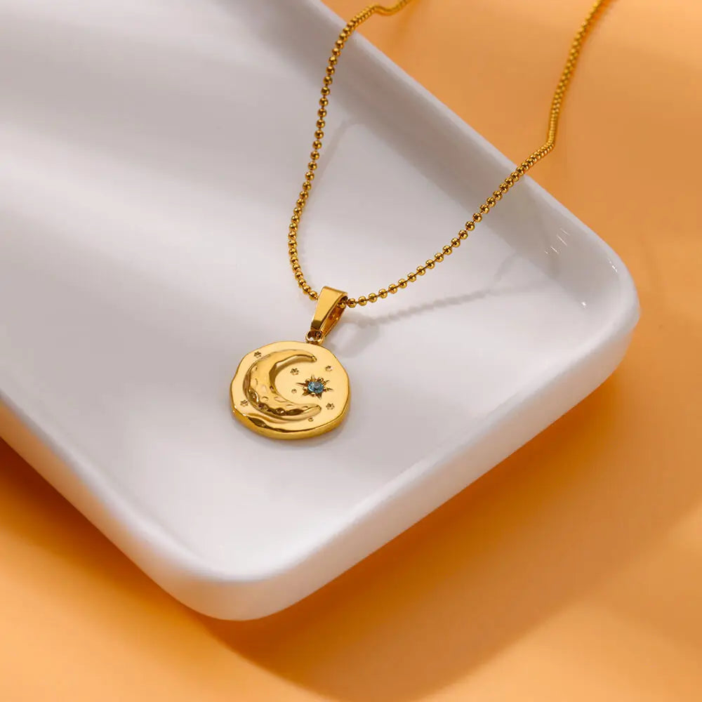 Blue Zircon Star Moon Necklaces for Women Stainless Steel Gold Color Chain Collar Wedding Necklace Jewelry Accessories Gift BFF